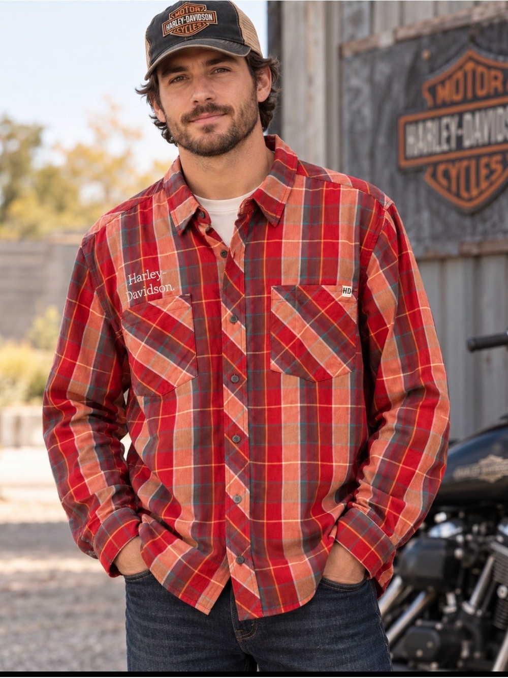 Harley-Davidson Men’s Large Plaid Flannel Shirt Embroidered Biker Workwear